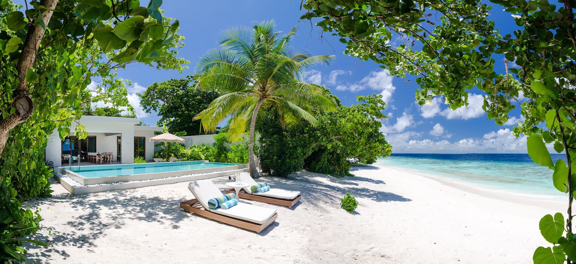 An oceanside view of our Maldives Beach Villa with private pool, our 2 bedroom villas in the Maldives.