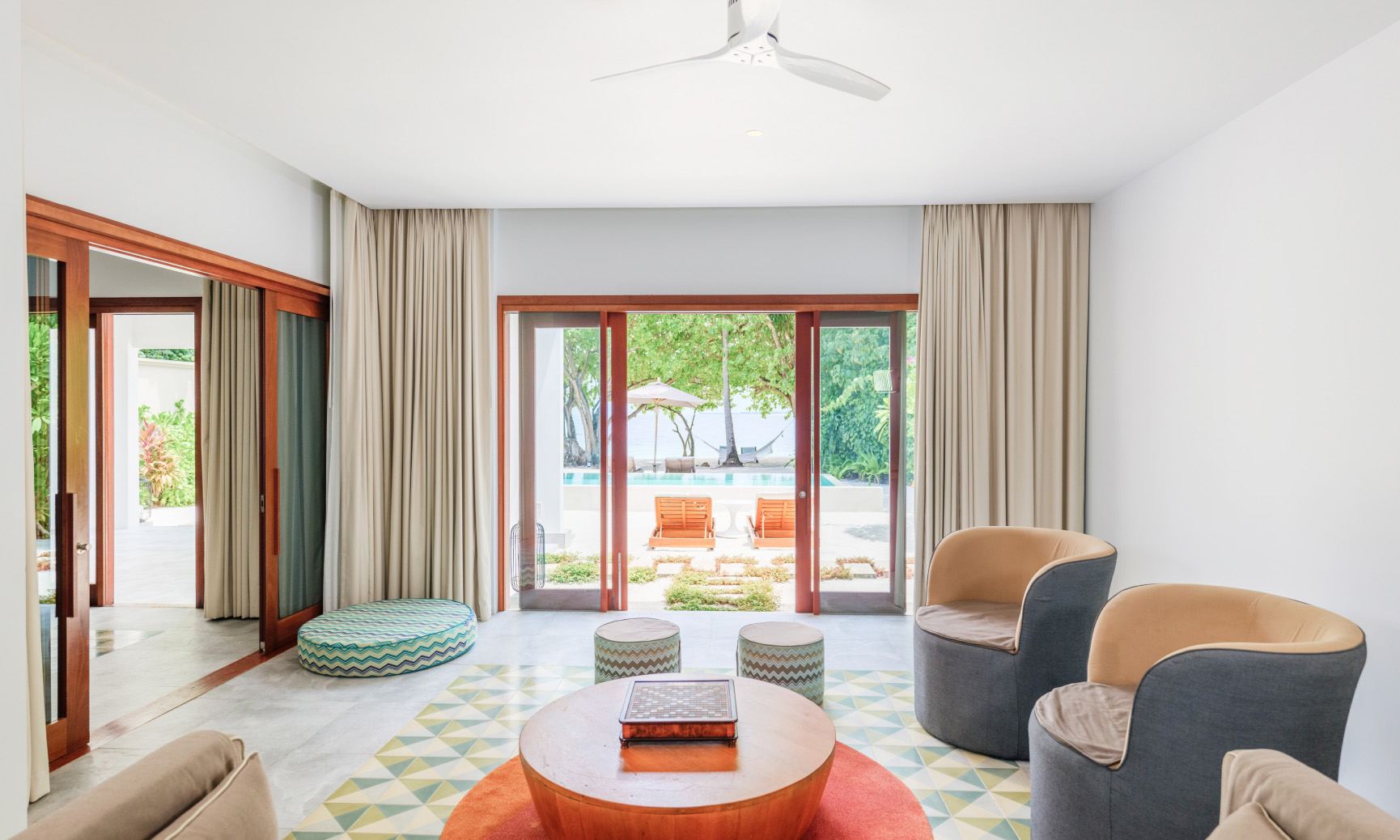 The living room inside of the 2 bedroom villas in the Maldives.