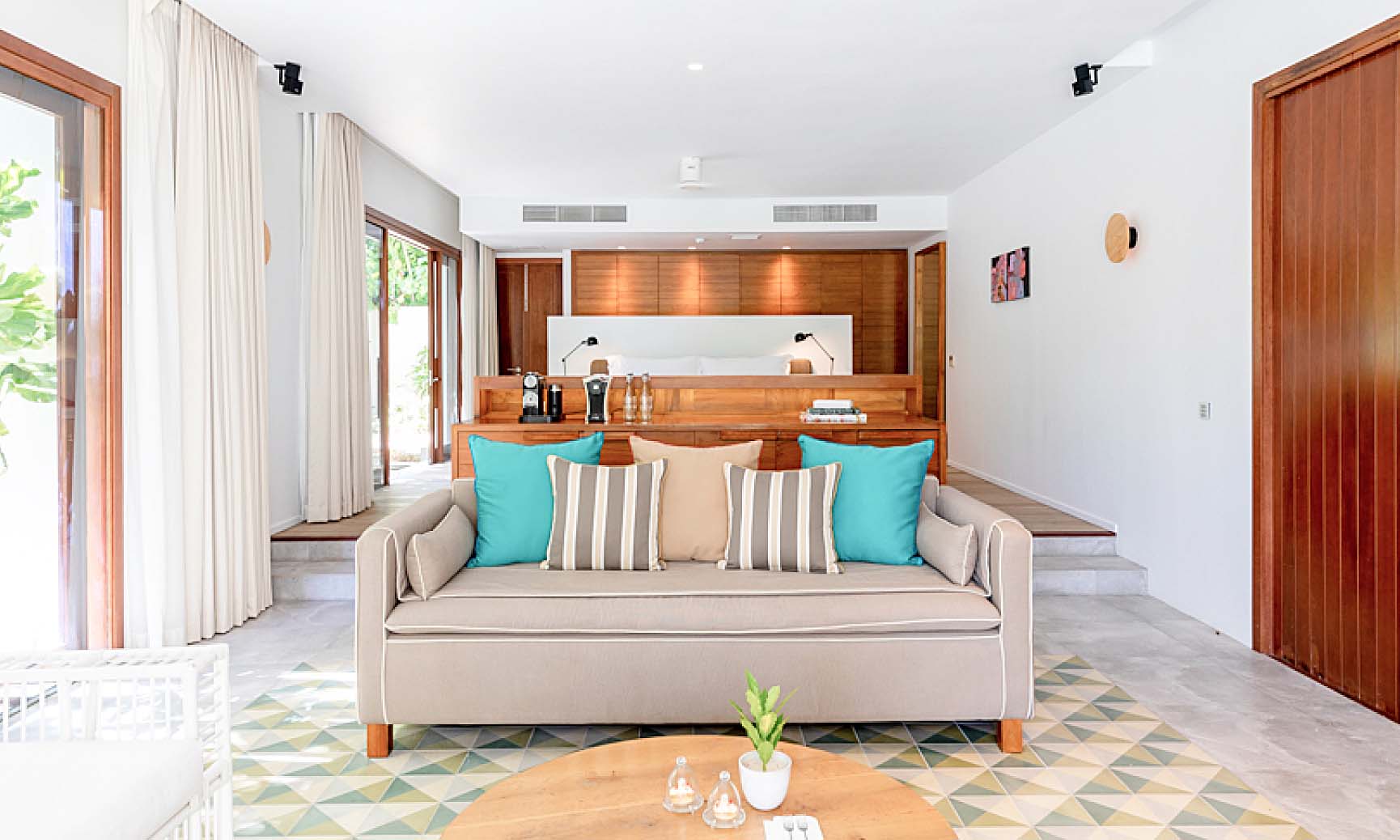 The view of the bedroom from the living room in our one bedroom villa.