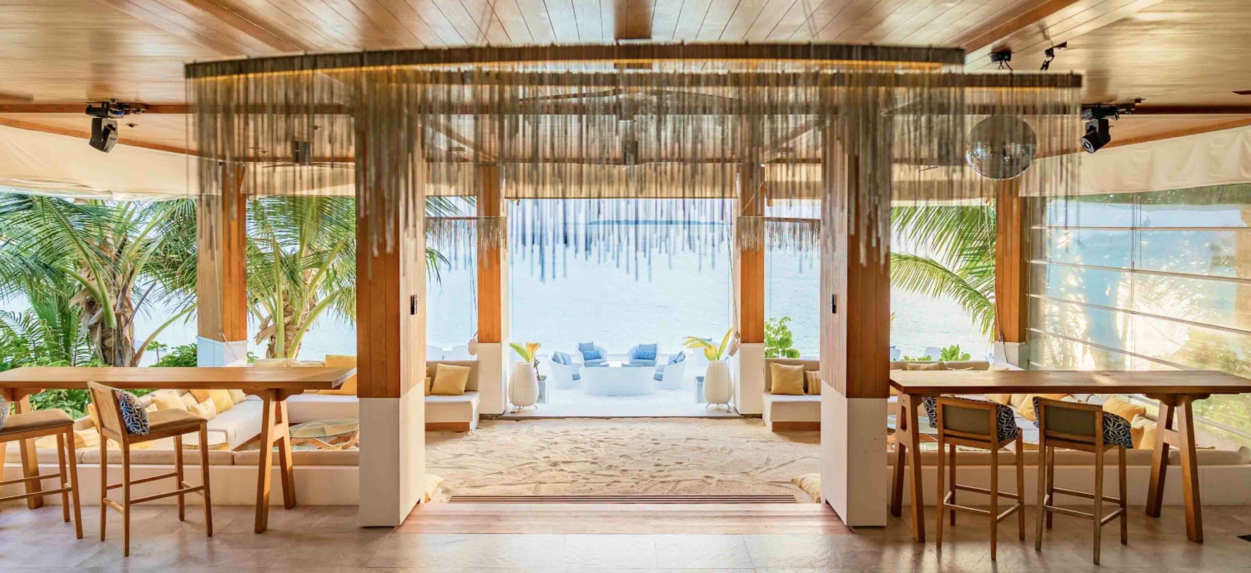 The view of the dining area at Baa Bar, Amilla Maldives' Bar where you can watch the sunset in the Maldives.