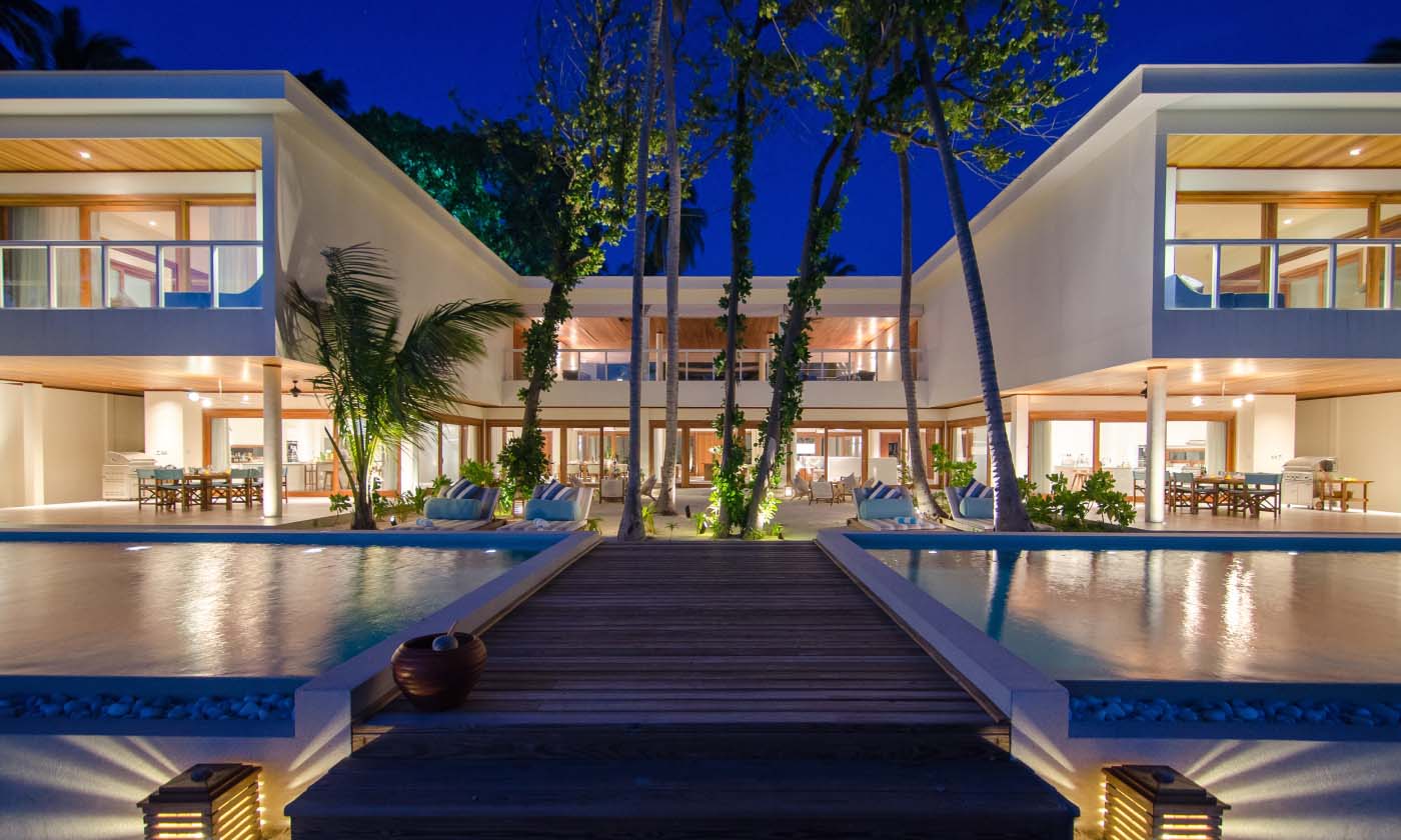 An exterior shot of the Great Beach Residence and 2 private freshwater pools at our luxury vacation rentals for large groups.