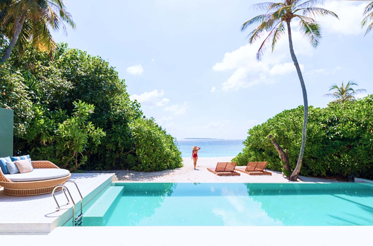 The private beachside freshwater pool at Amilla Maldives luxury resort residences, part of Amilla Maldives Offers.